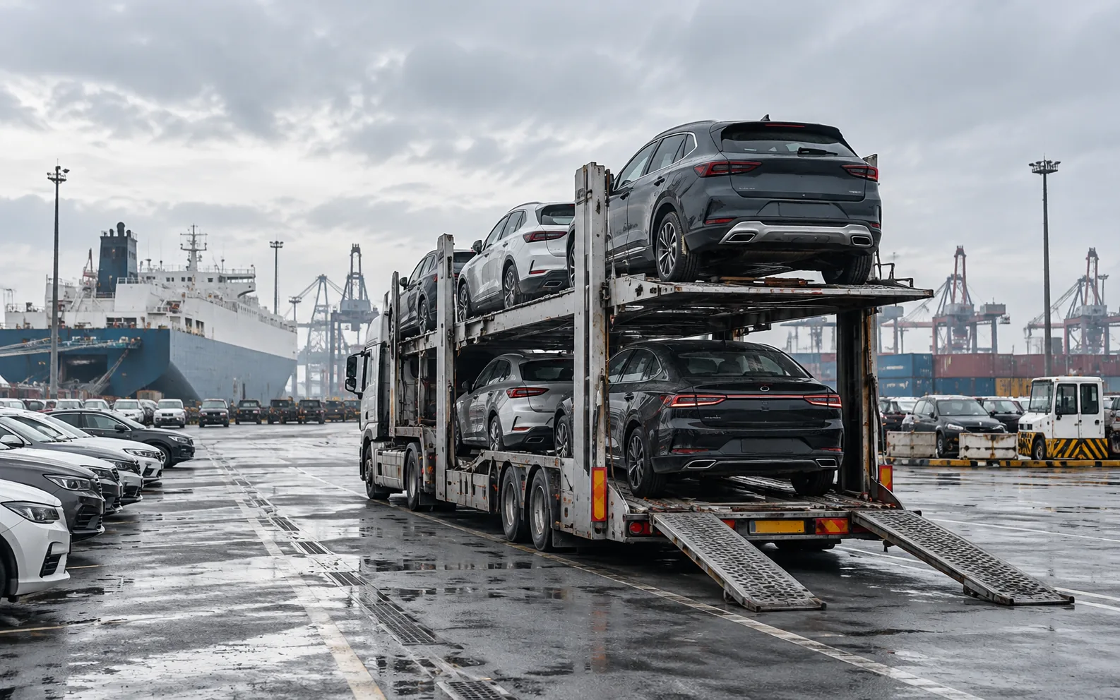 Beladener Autotransporter auf einem Fahrzeuglogistikplatz nahe einem Hafen