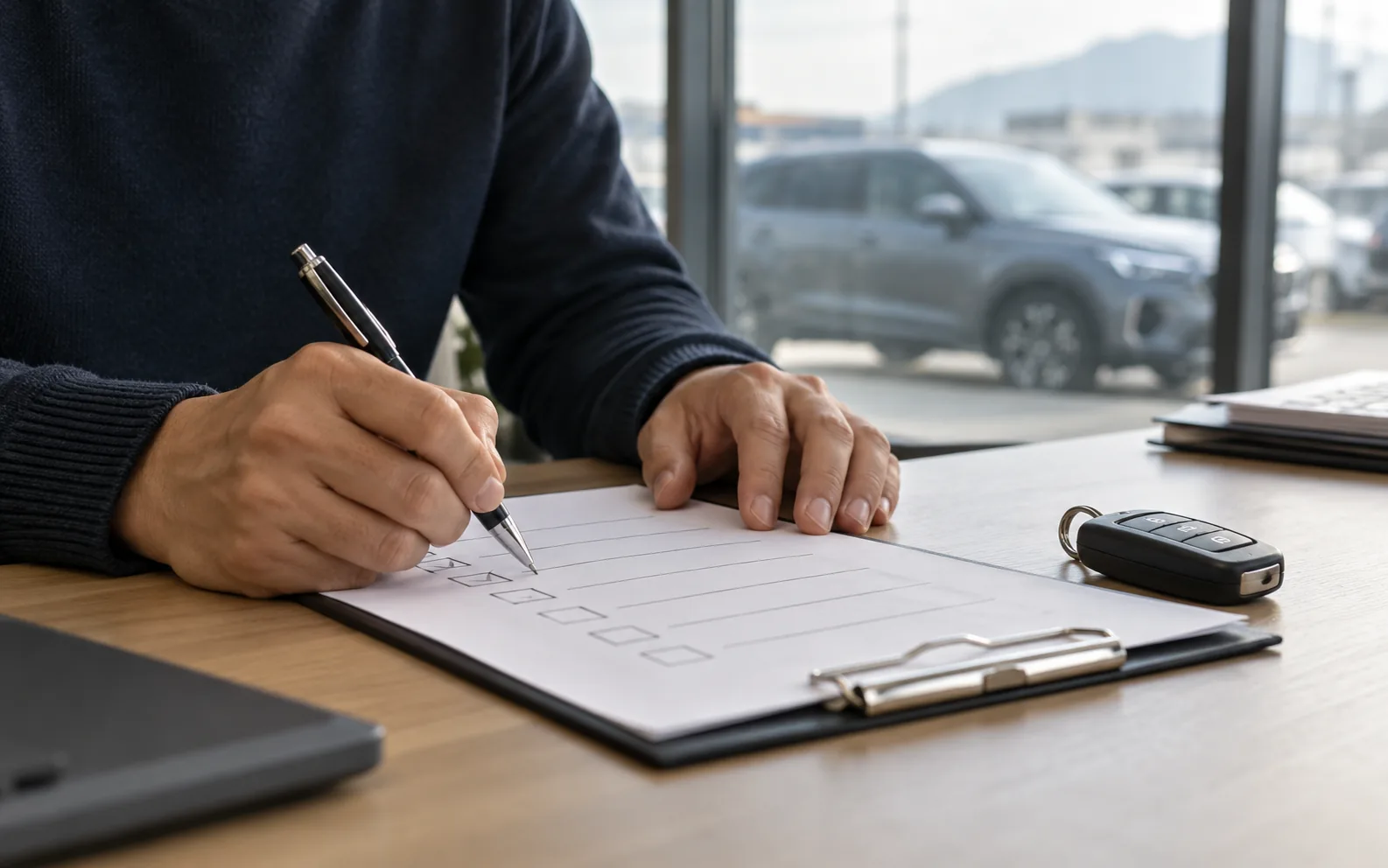 Hände prüfen mit einem Stift eine Checkliste neben einem Fahrzeugschlüssel