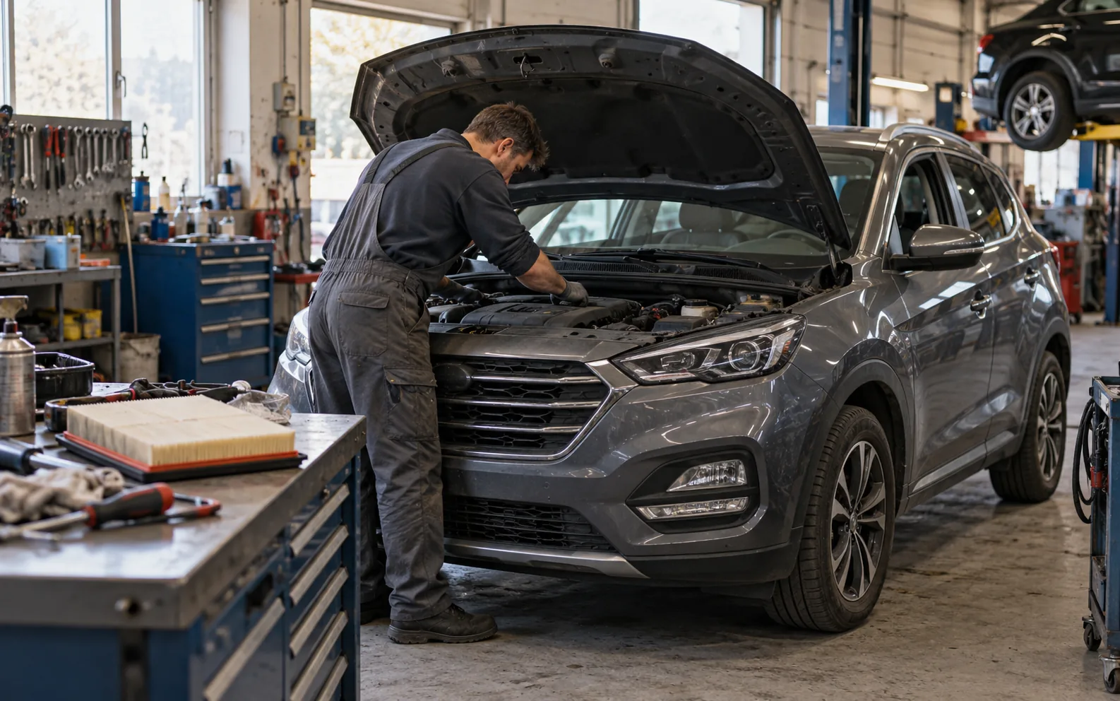 Mechaniker untersucht einen Crossover in einer Werkstatt mit Werkzeug und Ersatzfilter