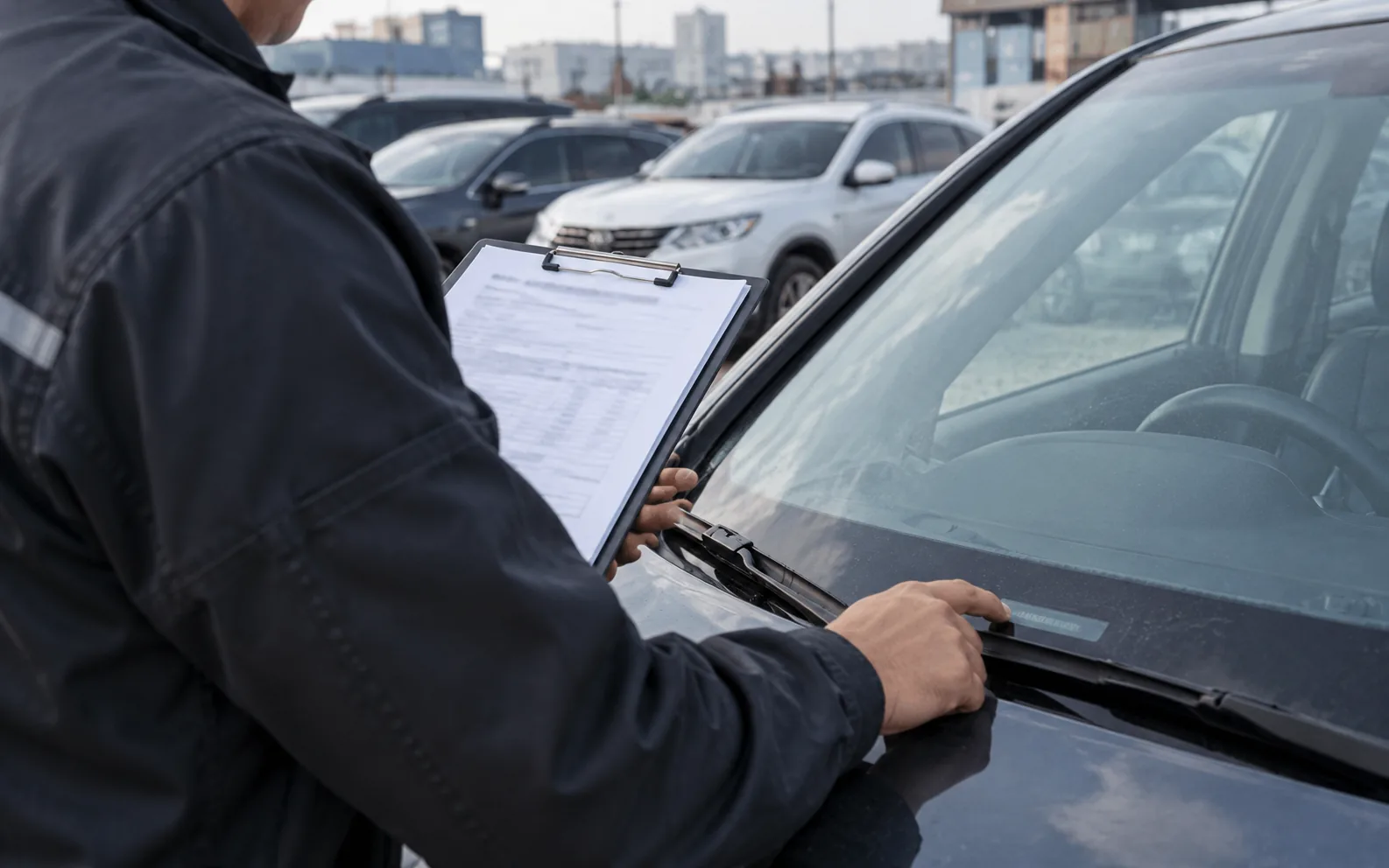 Prüfer gleicht Fahrzeugunterlagen mit dem Bereich der Fahrgestellnummer ab
